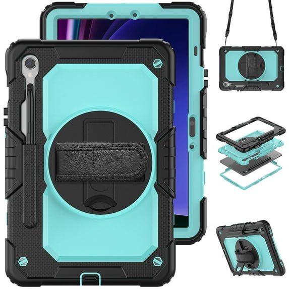 Case for Samsung Galaxy Tab S10 Lite / S10 FE / S9 FE 10.9 Inch with Screen Protector, 360 Degree Rotating Kickstand Hand Strap Heavy Duty Shockproof Cover with Shoulder Strap, Sky Blue PC