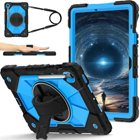 Case for Samsung Galaxy Tab S10 Lite S10 FE S9 FE 10.9 inch / S9 11 Inch with Rotating Stand Pencil Holder Hand/Shoulder Strap, Heavy Duty Shockproof Protective Cover