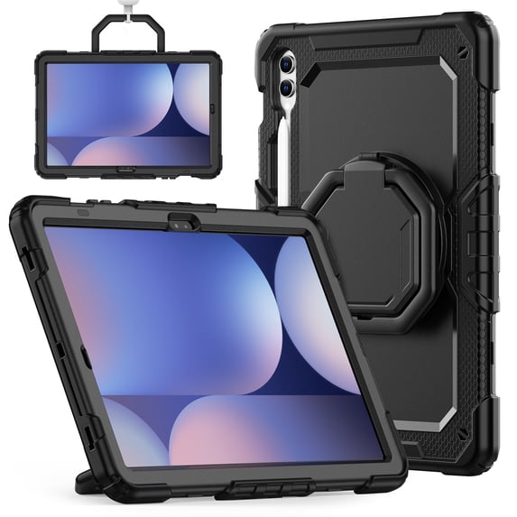 FJLBDE Case for Samsung Galaxy Tab S10+ Plus 2024/S9 FE+ Plus 12.4 inch, 360 Rotating Stand Handle Pencil Holder Shoulder Strap Heavy Duty Shockproof Cover, Black