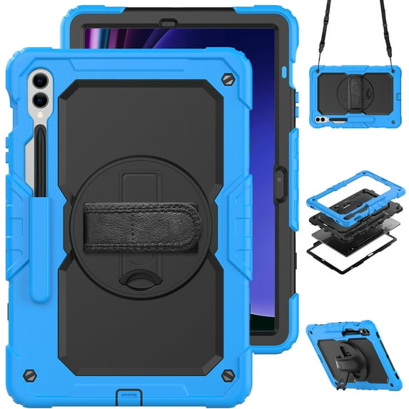 Case for Samsung Galaxy Tab S10+ Plus 2024/S9 FE+ Plus 12.4 inch with Screen Protector, 360 Degree Rotating Kickstand Hand Strap Shockproof Cover with Shoulder Strap, Sky Blue