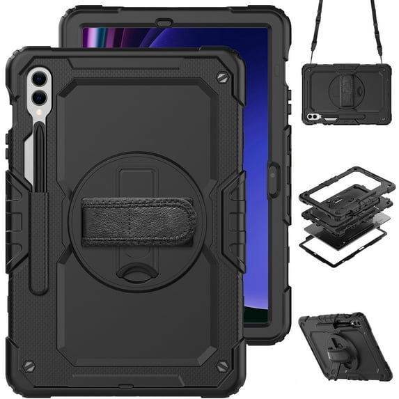 Case for Samsung Galaxy Tab S10+ Plus 2024/S9 FE+ Plus 12.4 inch with Screen Protector, 360 Degree Rotating Kickstand Hand Strap Shockproof Cover with Shoulder Strap, Black