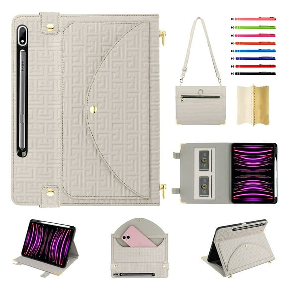 Case for Samsung Galaxy Tab S10+/S9+/S8+/S7+/S7 FE, Folio Stand PU Leather Crossbody Strap Cover with Shoulder Strap, Multi-Card Slots Zipper Pocket Pen Slot Envelope Pocket Wallet Case, Beige