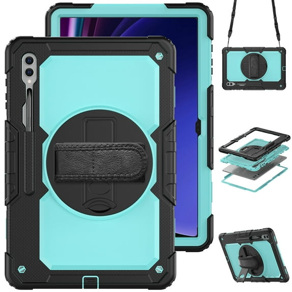 Case for Samsung Galaxy Tab S10 Ultra 2024/ S9 Ultra/ S8 Ultra 14.6 Inch with Screen Protector, 360 Degree Rotating Kickstand Hand Strap Shockproof Cover with Shoulder Strap, Sky Blue PC