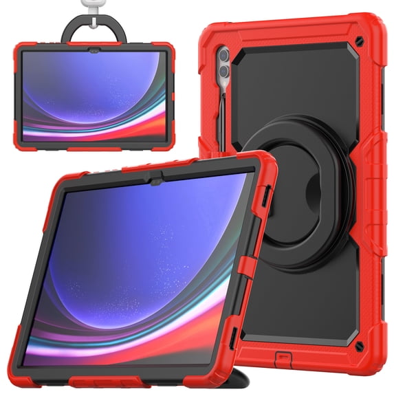 Case for Samsung Galaxy Tab S10 Ultra 2024/ S9 Ultra/ S8 Ultra 14.6 inch, 360 Rotating Stand Handle Pencil Holder Shoulder Strap Heavy Duty Shockproof Cover, Red