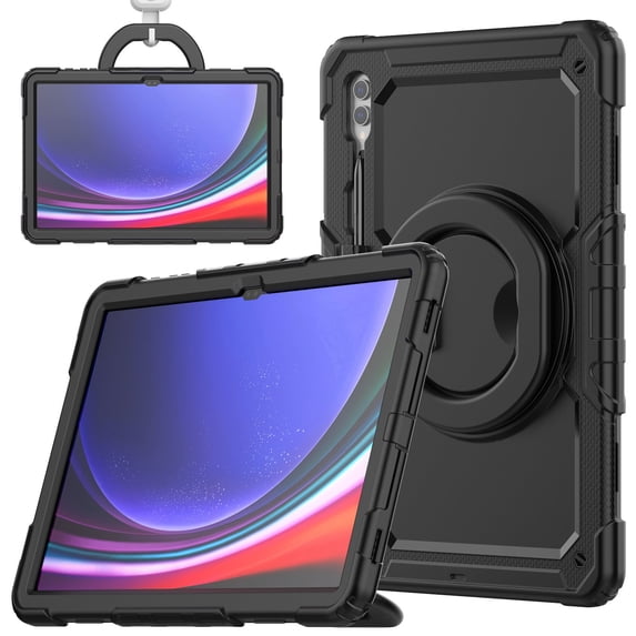 Case for Samsung Galaxy Tab S10 Ultra 2024/ S9 Ultra/ S8 Ultra 14.6 inch, 360 Rotating Stand Handle Pencil Holder Shoulder Strap Heavy Duty Shockproof Cover, Black