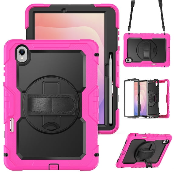 Case for Samsung Galaxy Tab S11 2025 with Screen Protector, 360 Degree Rotating Kickstand Hand Strap Heavy Duty Shockproof Cover with Shoulder Strap, Rose