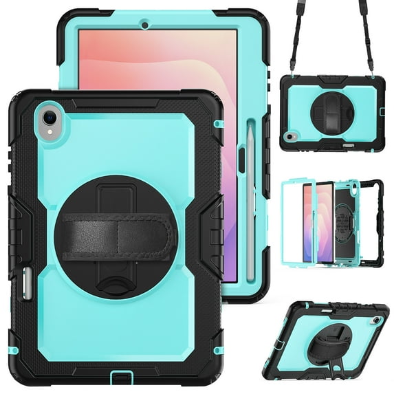 Case for Samsung Galaxy Tab S11 2025 with Screen Protector, 360 Degree Rotating Kickstand Hand Strap Heavy Duty Shockproof Cover with Shoulder Strap, Sky Blue PC