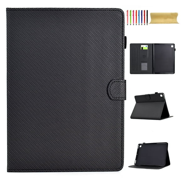 Case for Samsung Galaxy Tab S6 Lite 10.4" 2020 / 2022 / 2024, Carbon Fiber Texture PU Leather Multi-Angle Viewing Stand Shockproof Flip Case with Card Slots Magnetic Clasp, Black