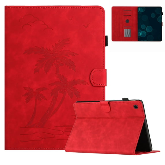 Case for Samsung Galaxy Tab S6 Lite 10.4 Inch 2024/2022/2020 (Model: SM-P620/P625/P613/P619/P610/P615/P617),PU Leather Embossed Coconut Tree Slim Case with Pencil Holder Card Slot Smart Cover,Red