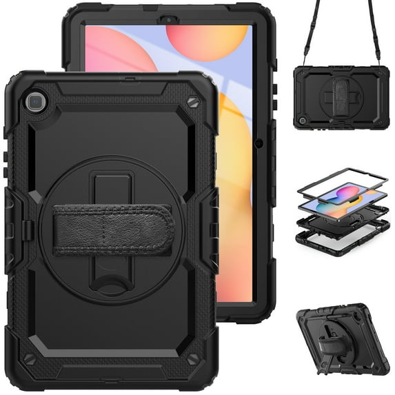 Case for Samsung Galaxy Tab S6 Lite 10.4 Inch 2024/2022/2020 with Screen Protector, 360 Degree Rotating Kickstand Hand Strap Heavy Duty Shockproof Cover with Shoulder Strap, Black