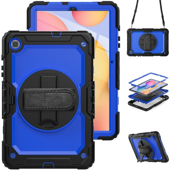 Case for Samsung Galaxy Tab S6 Lite 10.4 Inch 2024/2022/2020 with Screen Protector, 360 Degree Rotating Kickstand Hand Strap Heavy Duty Shockproof Cover with Shoulder Strap, Dark Blue PC