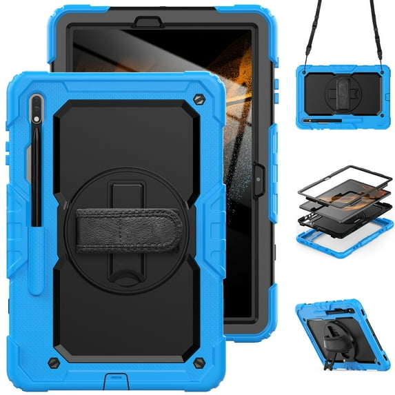 Case for Samsung Galaxy Tab S8 Plus/S7 FE/S7 Plus 12.4 Inch with Screen Protector, 360 Degree Rotating Kickstand Hand Strap Heavy Duty Shockproof Cover with Shoulder Strap, Sky Blue