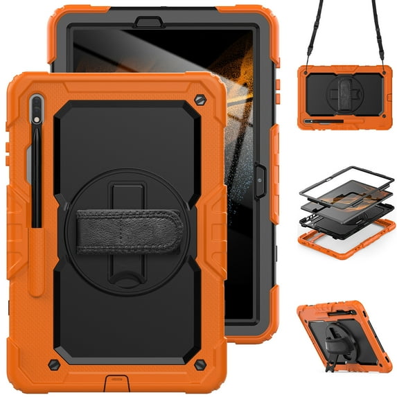 Case for Samsung Galaxy Tab S8 Plus/S7 FE/S7 Plus 12.4 Inch with Screen Protector, 360 Degree Rotating Kickstand Hand Strap Heavy Duty Shockproof Cover with Shoulder Strap, Orange