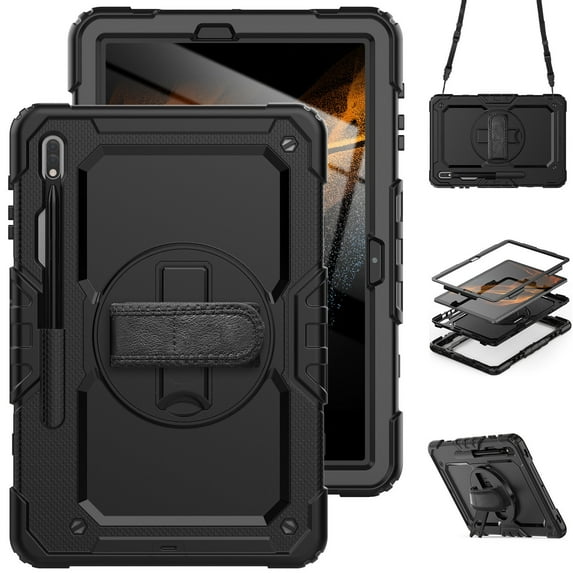 Case for Samsung Galaxy Tab S8 Plus/S7 FE/S7 Plus 12.4 Inch with Screen Protector, 360 Degree Rotating Kickstand Hand Strap Heavy Duty Shockproof Cover with Shoulder Strap, Black