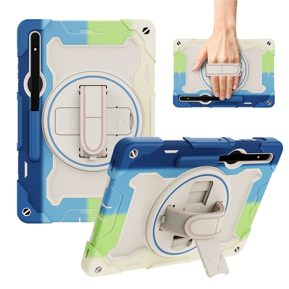 Case for Samsung Galaxy Tab S8 Plus/S7 Plus/S7 FE 12.4 inch, Silicone Shockproof Heavy Duty Protective Cover with Handle + Pencil Holder + Hand Strap + Rotating Stand - Blue