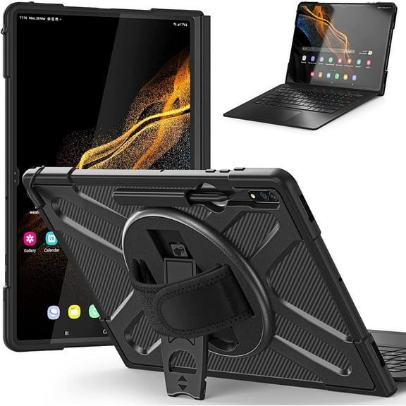 Case for Samsung Galaxy Tab S8 Ultra 14.6 Inch 2022 with Pencil Holder Folding Stand 360 Rotating Hand Strap, TPU + PC Heavy Duty Shockproof Case for Galaxy Tab S8 Ultra SM-X900/SM-X906