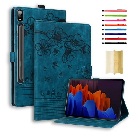 Case for Samsung Galaxy Tab S8/X700/X706/S7/T870/T875, Embossed Auto Wake/Sleep Multiple Viewing Angles PU Leather Magnetic Stand Flip Folio Case Cover with Card Slots & Pencil Holder, Blue