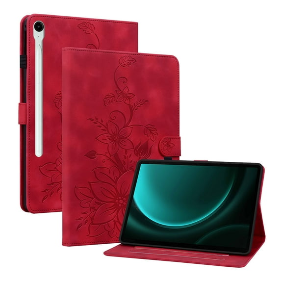 Case for Samsung Galaxy Tab S9 11.0" 2023, Flower Pattern PU Leather Multi-Angle Viewing Stand Shockproof Flip Case with Card Slot, Magnetic Clasp, Pencil Slot, for Tab S9 FE 10.9" 2023, Red