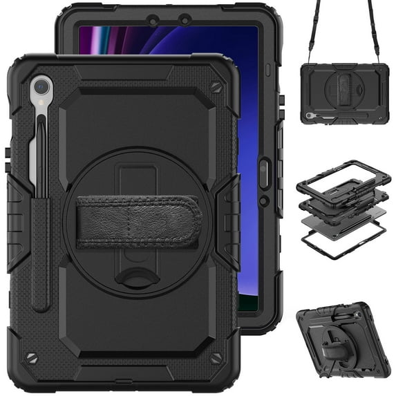 Case for Samsung Galaxy Tab S9 11.0 Inch SM-X710 with Screen Protector, 360 Degree Rotating Kickstand Hand Strap Heavy Duty Shockproof Cover with Shoulder Strap, Black