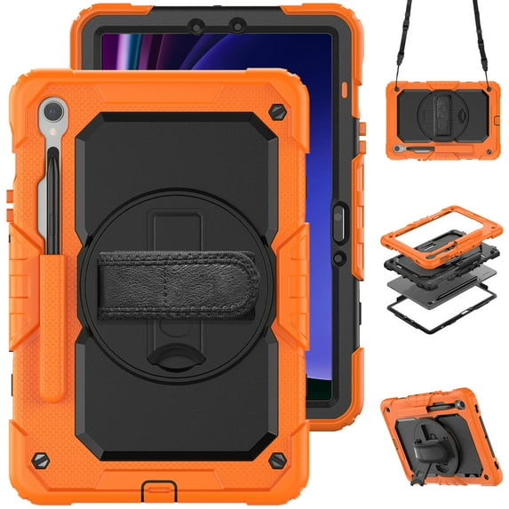 Case for Samsung Galaxy Tab S9 11.0 Inch SM-X710 with Screen Protector, 360 Degree Rotating Kickstand Hand Strap Heavy Duty Shockproof Cover with Shoulder Strap, Orange