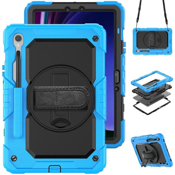 Case for Samsung Galaxy Tab S9 11.0 Inch SM-X710 with Screen Protector, 360 Degree Rotating Kickstand Hand Strap Heavy Duty Shockproof Cover with Shoulder Strap, Sky Blue