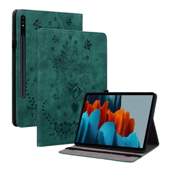 Case for Samsung Galaxy Tab S9+ 【12.4 inch】 , Butterfly & Rose Embossed Magnetic Clasp Stand Premium Multi-Angle Flip PU Leather Case with Stylus Holder Tablet Case,Green,For Galaxy Tab S9+