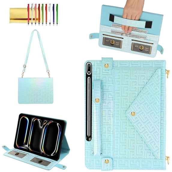 Case for Samsung Galaxy Tab S9 FE 10.9 Inch/S9 11 Inch 2023 (SM-X710/X716), Folio Stand PU Leather Crossbody Cover with Pencil Holder+Card Slots Wallet Case with Shoulder Strap+Hand Strap, Blue