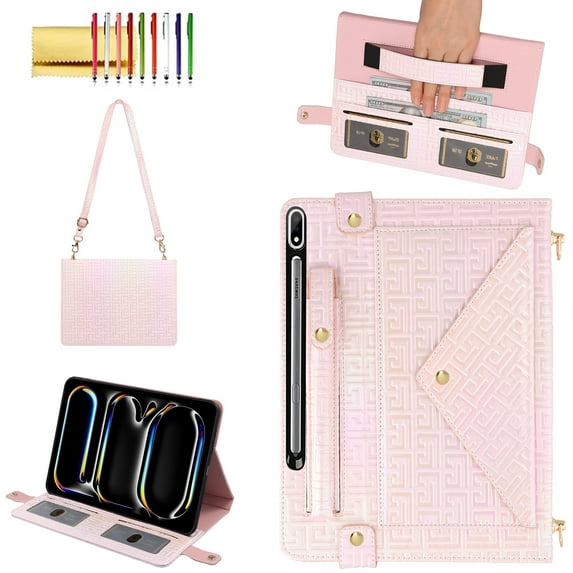 Case for Samsung Galaxy Tab S9 FE 10.9 Inch/S9 11 Inch 2023 (SM-X710/X716), Folio Stand PU Leather Crossbody Cover with Pencil Holder+Card Slots Wallet Case with Shoulder Strap+Hand Strap, Pink