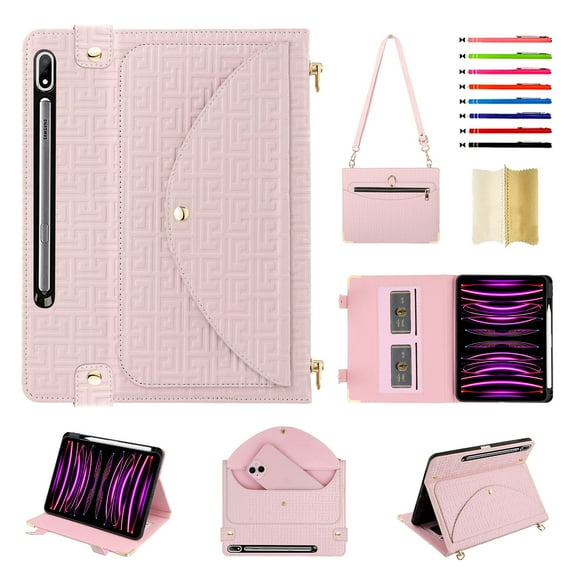 Case for Samsung Galaxy Tab S9 FE+ 12.4" 2023, Folio Stand PU Leather Crossbody Strap Cover with Shoulder Strap, Multi-Card Slots Zipper Pocket Pen Slot Envelope Pocket Wallet Case, Pink