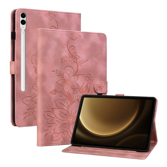 Case for Samsung Galaxy Tab S9 FE+ 12.4" 2023 SM-X610/SM-X616, Flower Pattern PU Leather Multi-Angle Viewing Stand Shockproof Flip Case with Card Slot, Magnetic Clasp, Pencil Slot, Pink