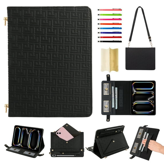 Case for Samsung Galaxy Tab S9 FE+/S9+/S10+, Folio Stand PU Leather Cover with Shoulder Strap&Handstrap with elastic, Multi-Card Slots Cash Pockets Pen Slot Envelope Pocket Wallet Case, Black
