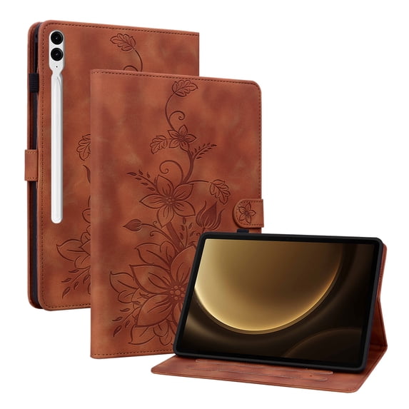 Case for Samsung Galaxy Tab S9 Plus 12.4" 2023 SM-X810, Flower Pattern PU Leather Multi-Angle Viewing Stand Shockproof Flip Case with Card Slot, Magnetic Clasp, Pencil Slot, Brown