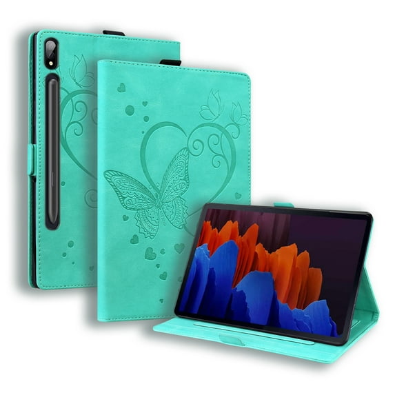 Case for Samsung Galaxy Tab S9 Plus/S8 Plus/S7 Plus/S7 FE SM-X810/X800/T970/T730, Multi-Angle Viewing Stand Cover with Card Slots, Heart Love Pattern PU Leather Flip Protective Tablet Case, Green