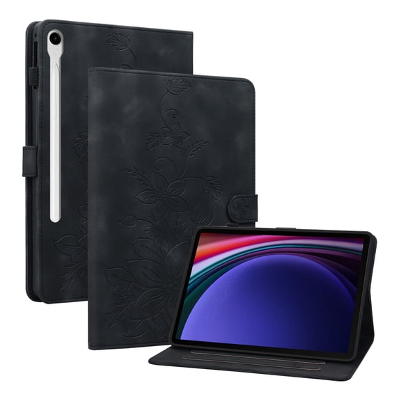 Case for Samsung Galaxy Tab S9/S8/S7, Flower Pattern PU Leather Multi-Angle Viewing Stand Shockproof Flip Case with Card Slot, Magnetic Clasp, Pencil Slot, for Galaxy Tab S9/S8/S7, Black