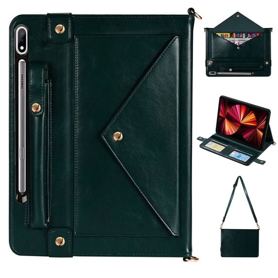 Case for Samsung Galaxy Tab S9 Ultra/S8 Ultra 14.6",Decase Premium Tri-Fold Protection Stand Wallet Tablet Shell Handbag With Crossbody Strap,for 14.6" Samsung Tab SM-X910/X916/X900/X906 - Deep Green