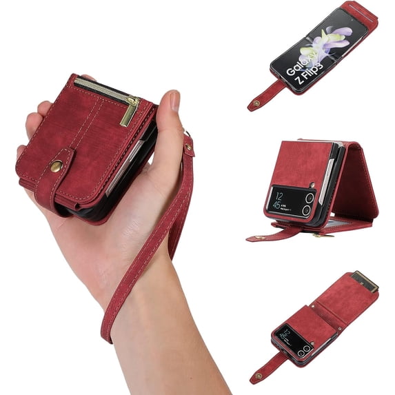 Case for Samsung Galaxy Z Flip 3 5G, 3 Card Slots Retro Leather Wallet Shockproof Flip Cover with Hand Strap Card Slots Zipper Pocket Kickstand Handbag Magnetic Closure - Retro Red Wine