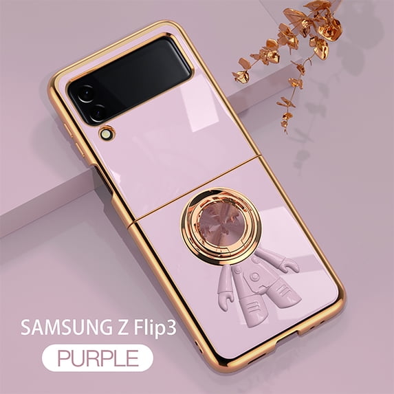 Case for Samsung Galaxy Z Flip 3, Luxury Astronaut Ring Hoder Stand Plating Ultra Slim Support Magnetic Car Mount Drop Protective Phone Case Cover for Samsung Galaxy Z Flip 3, Purple