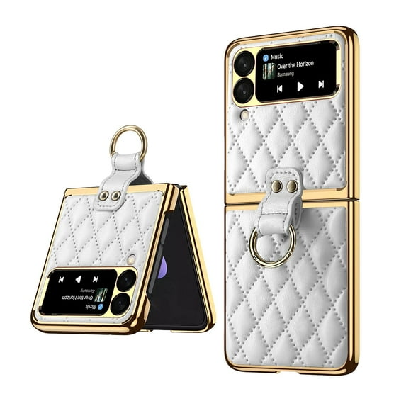 Case for Samsung Galaxy Z Flip 3 Luxury PU Leather Folding Cover with Tempered Glass Screen Protector Ring Holder Anti-Slip Sticker Case, Rugged PC bumper Shockproof Anti-Scratches Case, White