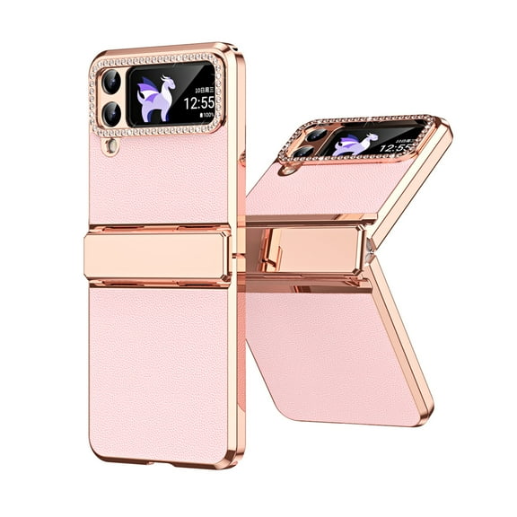 Case for Samsung Galaxy Z Flip 3 PU Leather Electroplated Case, Hinge Protection Glitter Rhinestone Lens Protection Rugged Shockproof Slim Folding Cover for Samsung Galaxy Z Flip 3,Pink