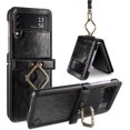 thumbnail image 1 of Case for Samsung Galaxy Z Flip 3 with Wrist Strap, Luxury Soft PU Leather Hard PC Shell for Women Men Ultra Thin Slim Durable Shockproof Protective Cover for Galaxy Z Flip 3 5G Black, 1 of 7