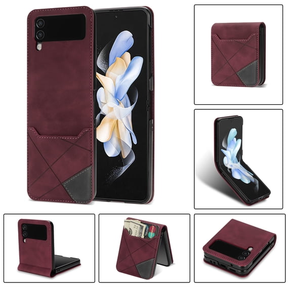 Case for Samsung Galaxy Z Flip 3 Zipper Wallet Case, Large Capacity Card Slots Cash Hoider Zipper Pocket Premium PU Leather Flip Cover with Wrist Strap Magnetic Clasp Kickstand Shockproof Case,Winered