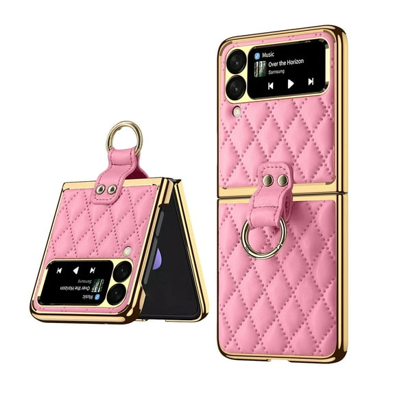 Case for Samsung Galaxy Z Flip 4 Luxury PU Leather Folding Cover with Tempered Glass Screen Protector Ring Holder Anti-Slip Sticker Case, Rugged PC bumper Shockproof Anti-Scratches Case, Pink