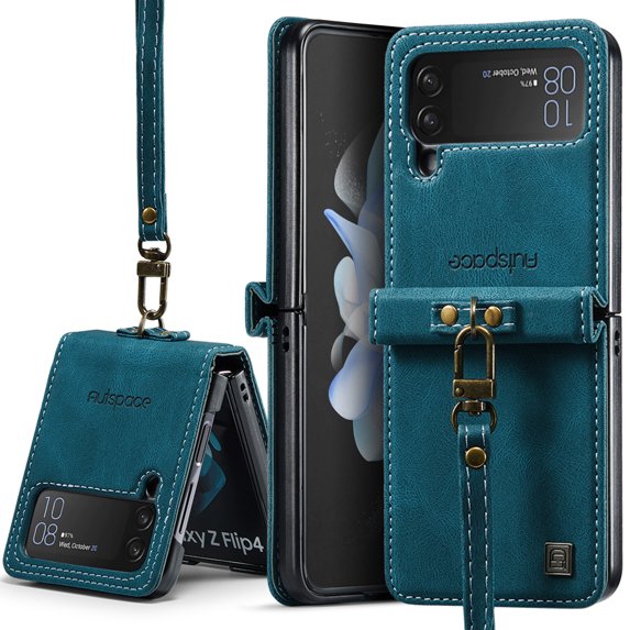 Case for Samsung Galaxy Z Flip 4, Luxury PU Leather Wrist Strap Classic Business Full Body Protection Shockproof Anti-Slip Case Cover for Women Girls for Samsung Galaxy Z Flip 4 5G, Blue