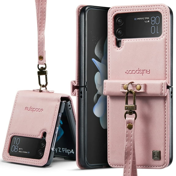 Case for Samsung Galaxy Z Flip 4, Luxury PU Leather Wrist Strap Classic Business Full Body Protection Shockproof Anti-Slip Case Cover for Women Girls for Samsung Galaxy Z Flip 4 5G, Pink