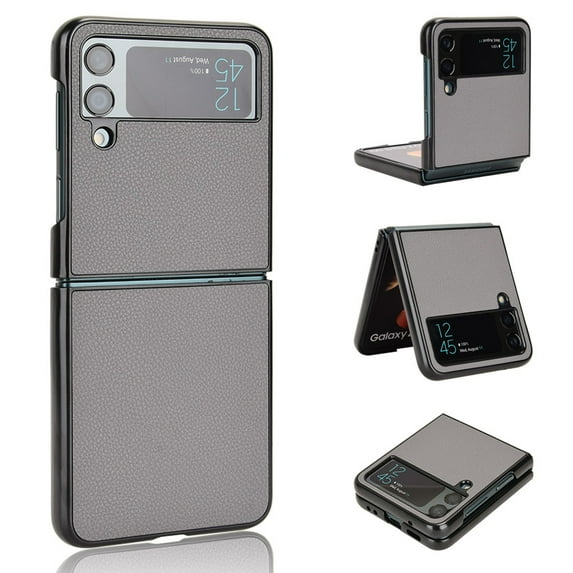 Case for Samsung Galaxy Z Flip 4 Lychee Pattern PU Leather Folding Cover, Rugged PC Bumper Shockproof Lens Protection Anti-Scratches Slim Case for Samsung Galaxy Z Flip 4,Gray