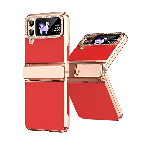 Case for Samsung Galaxy Z Flip 4 PU Leather Electroplated Case, Hinge Protection Glitter Rhinestone Lens Protection Rugged Shockproof Slim Folding Cover for Samsung Galaxy Z Flip 4,Red