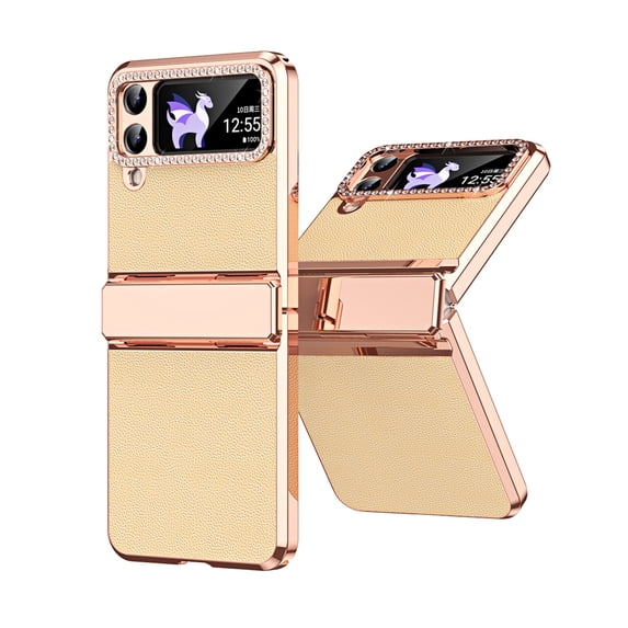 Case for Samsung Galaxy Z Flip 4 PU Leather Electroplated Case, Hinge Protection Glitter Rhinestone Lens Protection Rugged Shockproof Slim Folding Cover for Samsung Galaxy Z Flip 4,Gold