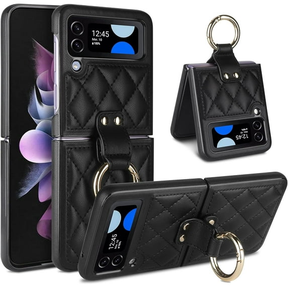 Case for Samsung Galaxy Z Flip 4 with Ring, Luxury Soft Rhomboid for Women Men PU Leather + Hard PC Shell Ultra Thin Slim Durable Shockproof Protective Cover for Galaxy Z Flip 4 Black 5G
