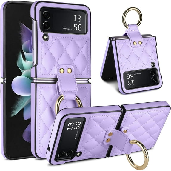 Case for Samsung Galaxy Z Flip 4 with Ring, Luxury Soft Rhomboid for Women Men PU Leather + Hard PC Shell Ultra Thin Slim Durable Shockproof Protective Cover for Galaxy Z Flip 4 Purple 5G