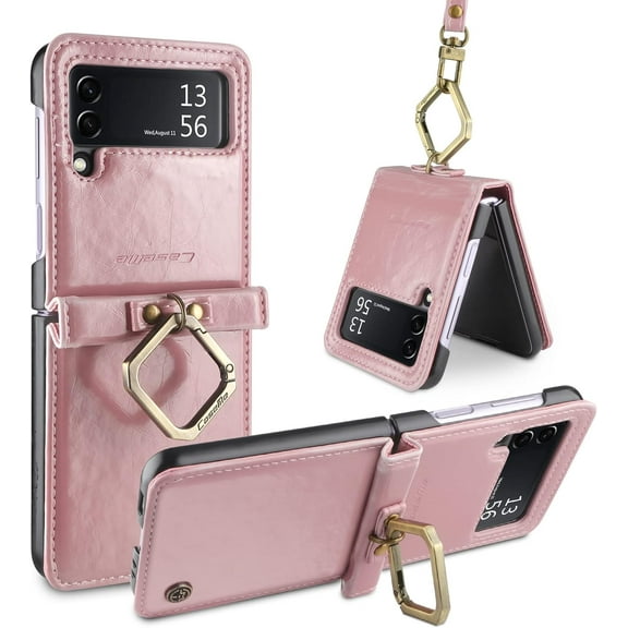 Case for Samsung Galaxy Z Flip 4 with Wrist Strap, Luxury Soft PU Leather Hard PC Shell for Women Men Ultra Thin Slim Durable Shockproof Protective Cover for Galaxy Z Flip 4 5G Pink